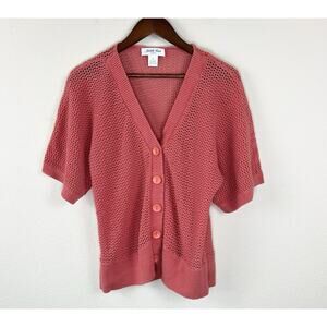 Judith Hart Coral Open Knit Short Sleeve Cardigan 1X Linen Cotton Button Front